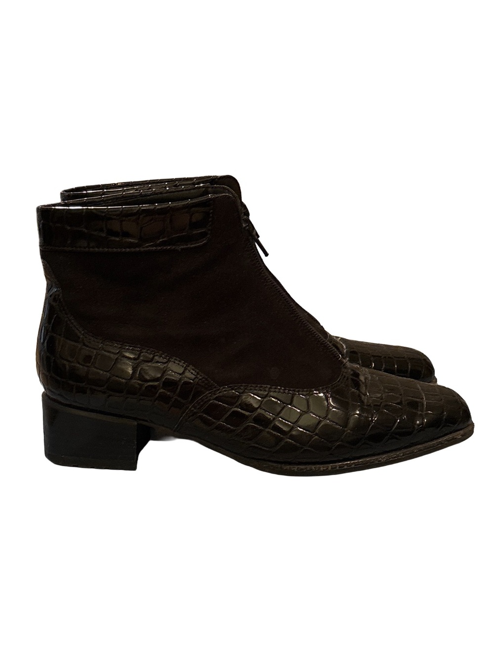 Jenny by Ara Vintage Black Croc-Embossed Front-Zip Ankle Boots